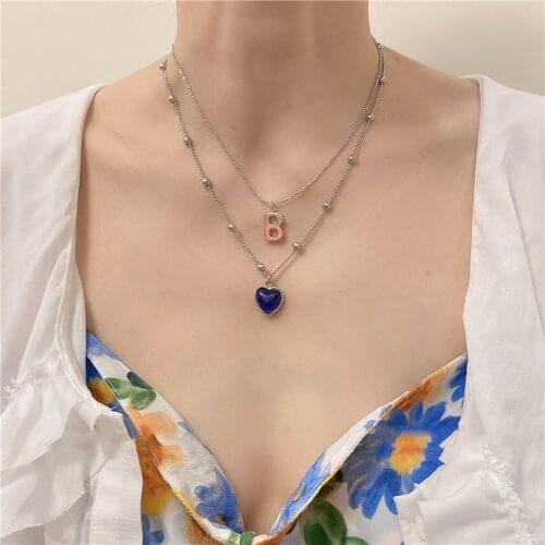 Minar French Discolored Letter Love Heart Pendant Necklace for Women Double Layered Beaded Chain Choker Necklaces Accessories