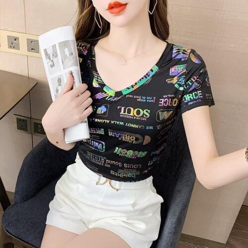 Fashion letters t-shirts for women streetwear bright bronzing tee shirt women v-neck short sleeve plus size t shirt print tshirt