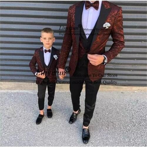 Fashion Burgundy Pattern Boy Mens Suits Slim Fit Wedding Grooms Tuxedos Peaked Lapel Formal Blazer Kid Prom Suit (Jacket+Pants