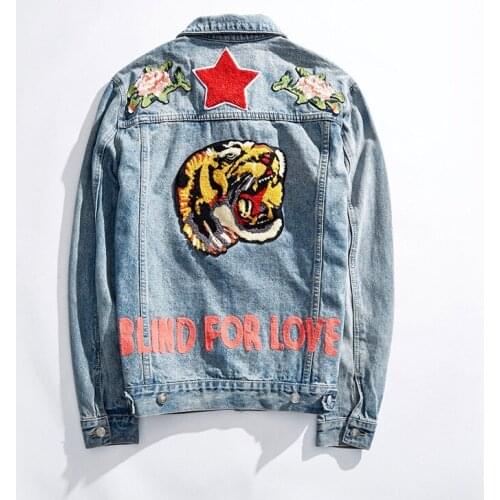 Sleeve New Men Long Back Embroidery Stars Tiger Head Blind For Love Denim Baseball Coats & Jackets Abstract digital coat #N107