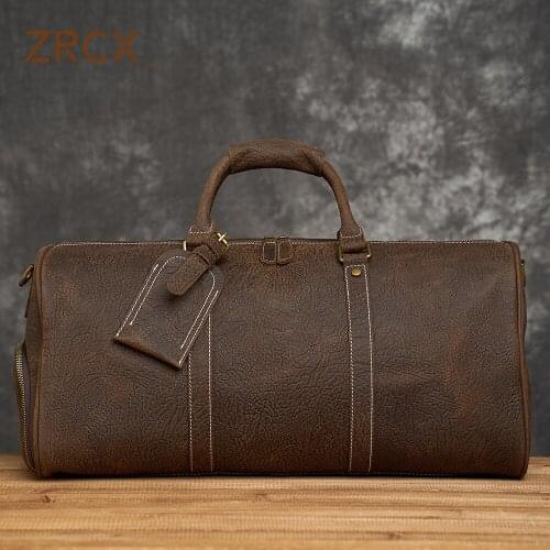 ZRCX Vintage Mens Hand Luggage Bag Travel Bag Hard Geunine Leather Large Capacity Single Shoulder Messenger For 15 Inch Laptop