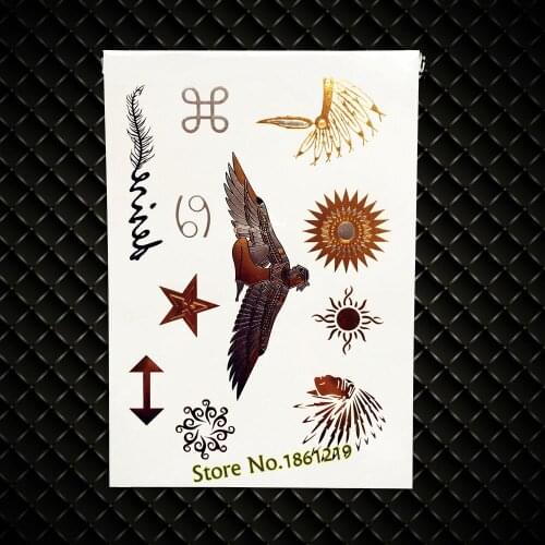 New Indian Eagle Fake Flash Metallic Tattoo Stickers Women Metallic Removable Gold Body Arm Totem Armband 21x15CM Sun Sexy Women
