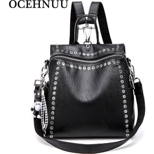 OCEHNUU Fashion Luxury Women Backpack Shoulder Bag Soft PU Leather Bagpack Ladies Backpack For School Bag Rucksack Zipper Rivet