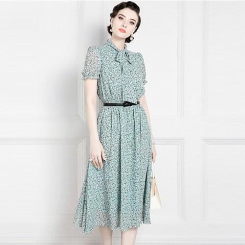 High End Chiffon Floral Dress WomenS Summer New Fashion Retro Bubble Sleeve Skirt