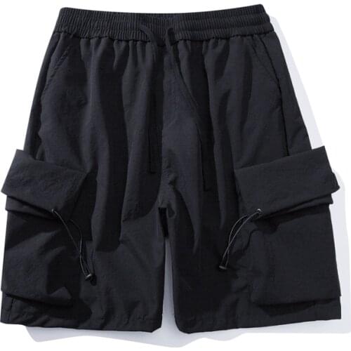 Summer Mens Streetwear Short Pants Hip Hip Man Trousers Fashion Casual Men Solid Color Cargo Shorts Multi-pockets Drawstring