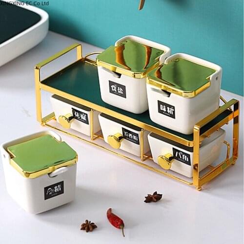 Creative Square Ceramic Seasoning Jar Set Household Seasoning Box Golden Shelf Seasoning Jar Supplies Kitchen Storage Box