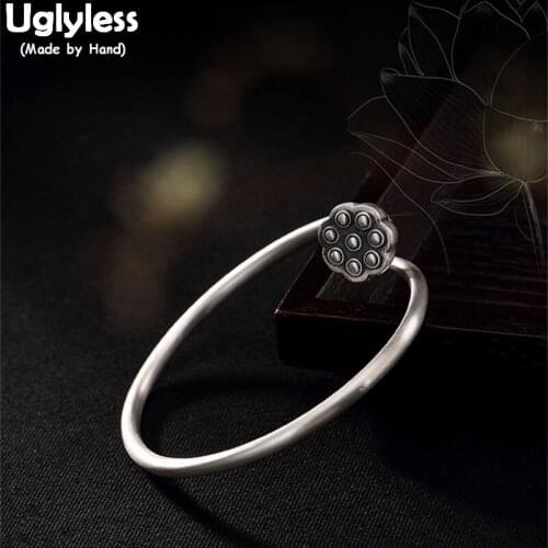 Uglyless Real 999 Silver Bangle Handmade Engraving Lotus Bangles Women Vintage Vulcanized Thai Silver Ethnic Bijoux Fine Jewelry