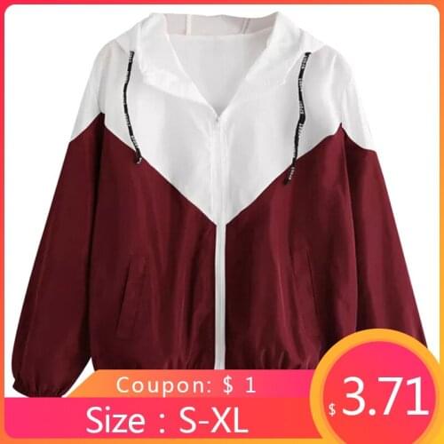 Womail Windbreaker Jacket Women Long Sleeve Two Tone Jacket Autumn Fashion Patchwork Hooded Coats Female Red Basic Jackets F706