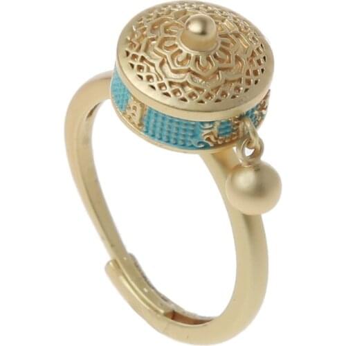 Rotating Rings Buddhist Tibetan Prayer Wheel Ring OM Mantra Finger Ring Good Luck Lotus Floral Enamel Rotating Ring Band