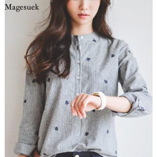 2021 Autumn Striped Women Blouse Shirt Embroidery Vintage Harajuku Shirt Women Office Lady Cotton Long Sleeve Top Blusas 335F 30