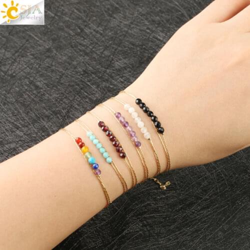 CSJA Boho Natural Stone Bracelet for Women Double Layer Bracelets Gold Color Link Chain Delicate Mini Beads Tiny Pulseras S453
