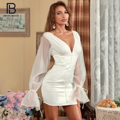 PB Chic White Mini Satin Dress Flared Sleeves Hook Design Sexy Deep V Neck Celebrity Party Club Vestido Free Shipping
