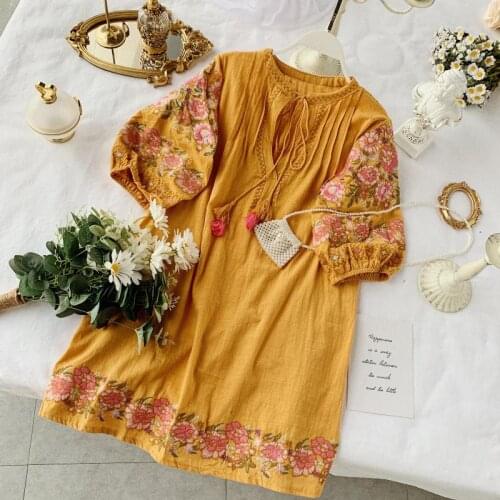 Ethnic Floral Embroidery Dress Women 3/4 Lantern Sleeve Cotton Dresses Spring V-neck Tassel Lace-up Boho Casual Loose Mini Dress