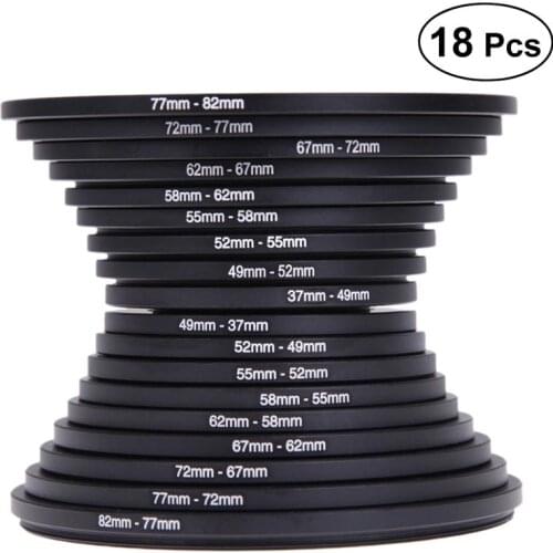 18 PCS/ Set Aluminum Alloy Camera Lens Filter Step Up Down Ring Adapter 37-82mm 82-37mm For Canon Nikon Sony DSLR Camera