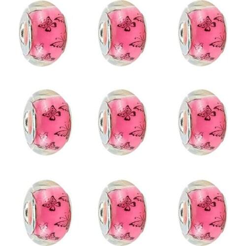 20Pcs Color Butterfly Charms Big Hole Round Loose Spacer Beads with Silver Plate Cores Fit for Pandora Bracelet Bangle Necklace