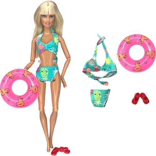 3 Pcs/Lot = 1x Fruit Pattern Swimwear Bikini Swimsuit + 1x Swimming Buoy Lifebelt Ring +1 Slippers for Barbie Doll Accessories