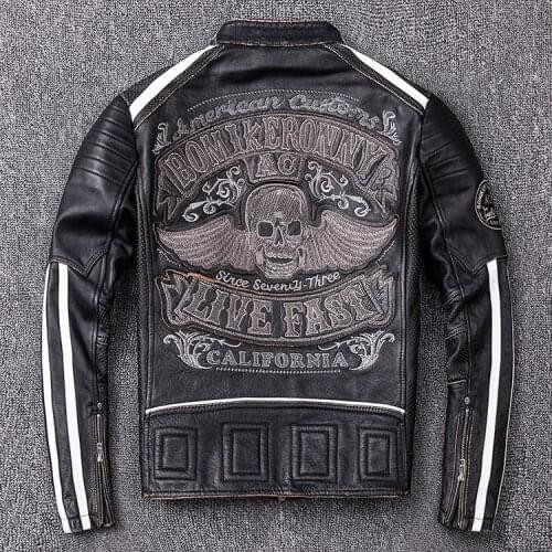 Free shipping.2019 Brand new mens motor biker Leather jacket.fashion skulls cowhide coat.plus size vintage slim jacket.black
