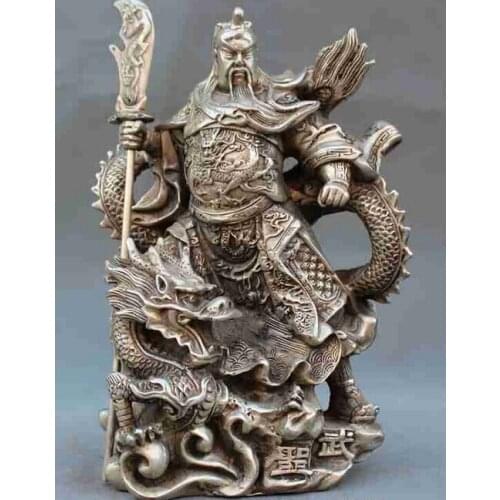 Decoration bronze factory outlets Tibet Silver 9" old Chinese tibetan silver 9 Dragon Warrior GuanGong GuanYu God Sword Statue