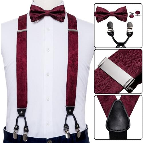 Black Red Silk Men Suspender Paisley Bowtie Set 6 Clips Back Belt Vintage Elastic Wedding Party Male Suspender Belt Barry.Wang