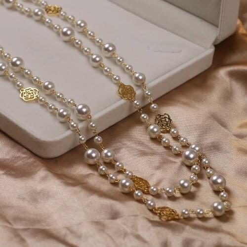 Long Camellia Pearl Necklace For Women Double Layer collane lunghe donna Rose Flower maxi Sweater chain Necklace