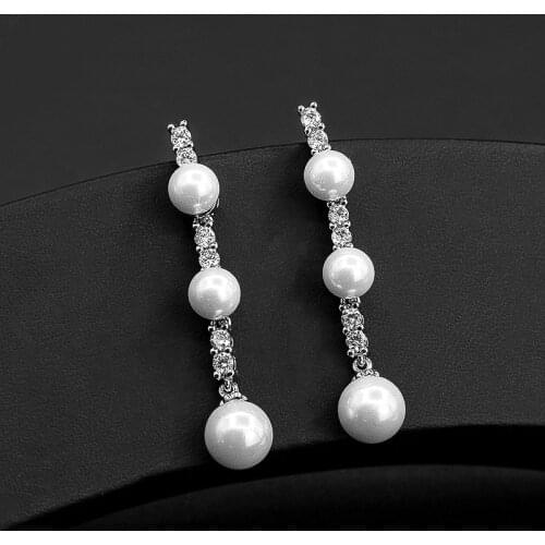 Long Pearl Earrings for Women Long cubic zirconia Wedding Earrings for Brides Fashion Party Jewellery