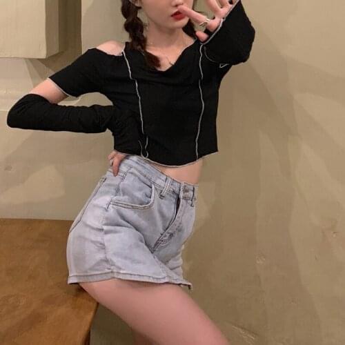 Ins Retro Strapless Lazy T-shirt Womens T-shirts Tops Japanese Kawaii Ladies Ulzzang Female Korean Harajuku Clothes For Women