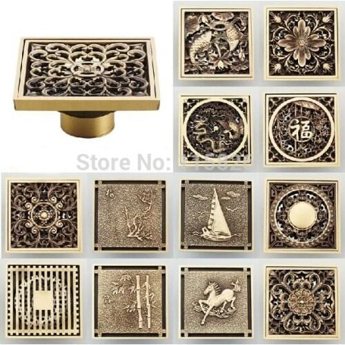Brass Floor Drains 10*10cm Square Shower Drain Brass Floor Drain Trap Waste Grate With Hair Strainer Bathroom Shower Accessories