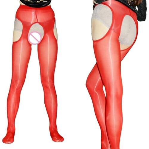 Hot Sexy Oil Shine Sheer Open Crotch Hollow Out Pantyhose Stockings Women Glossy Long Stocking Tights Crotchless Nylons Lingerie