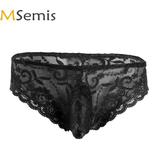 Mens Lingerie Sexy Lace Floral Embroidered Sissy Panties Semi-see Through Mesh Bikini Knickers Gay Crossdresser Erotic Underwear