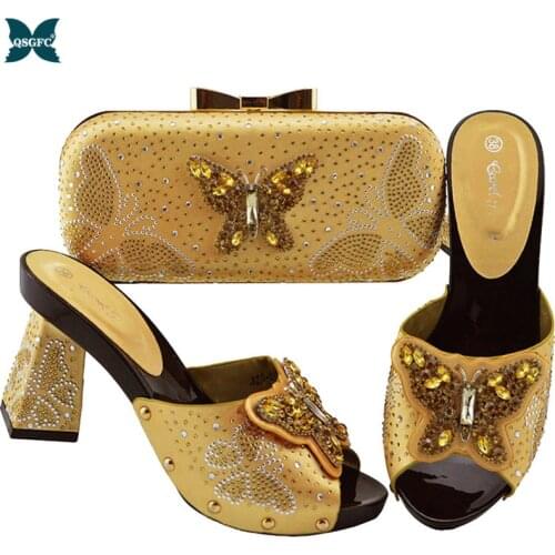 New Arrival Nigerian Ladies Shoes and Matching Bag Women Italian design Shoes and Bag Set in Gold Color for Party