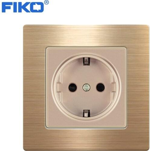 FIKO 16A EU Standard Wall Socket Luxury Power Outlet Stainless Steel Brushed Silver Panel Electrical Plug AC 110~250V