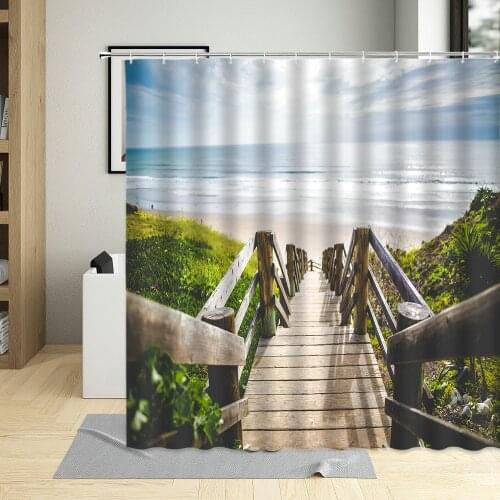 Spring Scenery Shower Curtain Seaside Natural Landscape Bathroom Decor Arch Bridge Curtains Polyester Waterproof Hooks Home Set