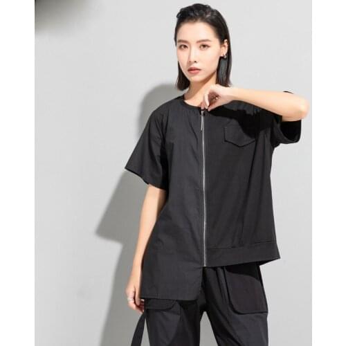 Ladies summer new classic dark personality spliced zipper decoration fashion asymmetrical design loose large sleeves