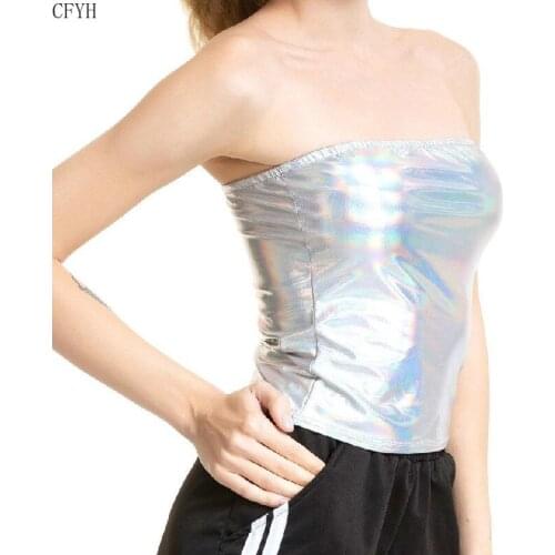 Women Holographic Metallic Strapless Tube Tank Tops Sexy Bandeau Clubwear Holographic Shiny Wetlook Leather Party Top