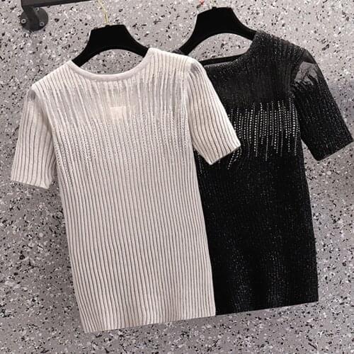 L-4XL plus size women Summer basic thin sweater kint t-shirt 2021 short sleeve sexy hollow Beading Oversized pullover jumper