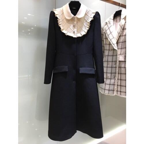 New ladies fashion 2021 long sleeve fungus lace stitching lapel rhinestone button dress 1019