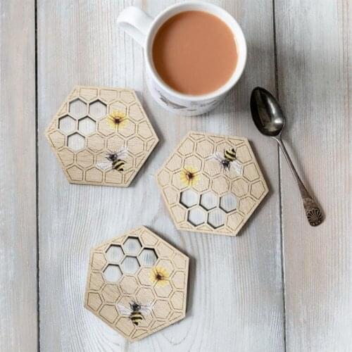 10pcs Wooden Coasters Tableware Mat Household Craft Home Decoration Bee Festival Wooden Coaster Heat Insulation Pad (Khaki)