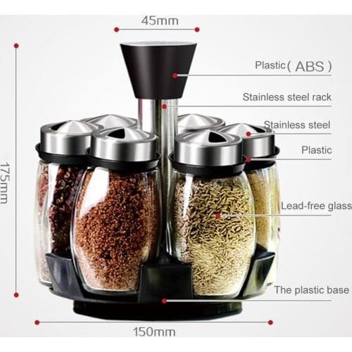 Hot sale 6 kitchen rotating glass spice bottle seasoning salt pepper storage rack kitchen seasoning supplies New