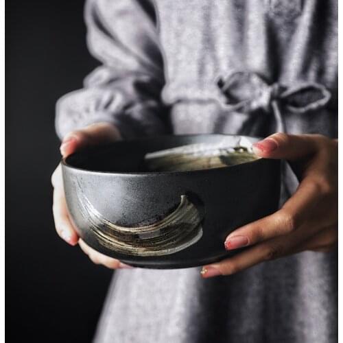 ANTOWALL Japanese Design Black Single Matte Ceramic Tableware Sushi Round Plate Rice Big Bowl