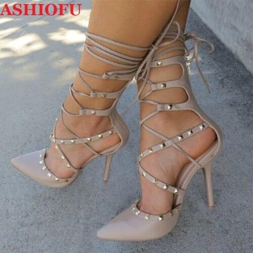 ASHIOFU Handmade Women High Heel Pumps Rivets Spikes Ankle Straps Sexy Party Dress Shoes Prom Evening Fashion Court Shoes