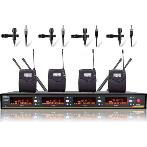 Wireless Microphone System UHF Pro 4 Channel Cordless Lavalier Microphone System