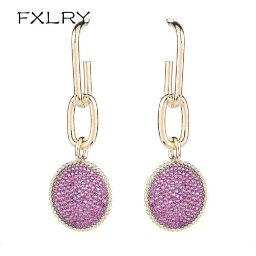 FXLRY Personality Micro-Inlaid Zircon Fashion Silver Needle Metal Chain Disc Earrings For Women Wedding Bridal Jewelry