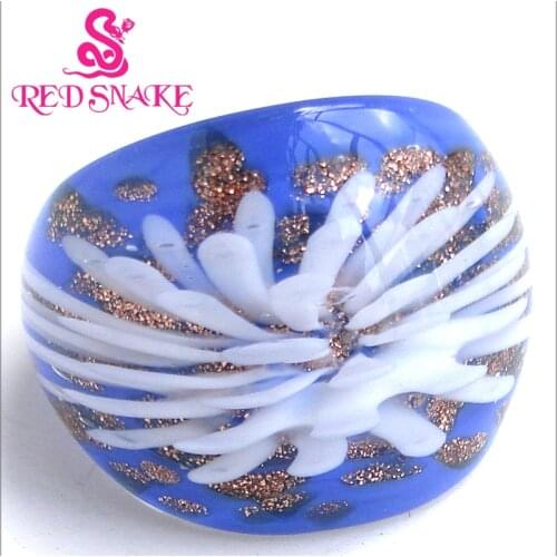 RED SNAKE Fashion Ring Handmade Blue background with White flower drawing Murano Glass Rings