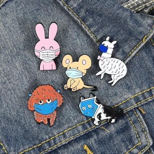 Creative Safety Prevention and Control of Small Animals Wearing Masks Modeling Pop-Enamel Pin Lapel Badges Brooch Funny Jewelry