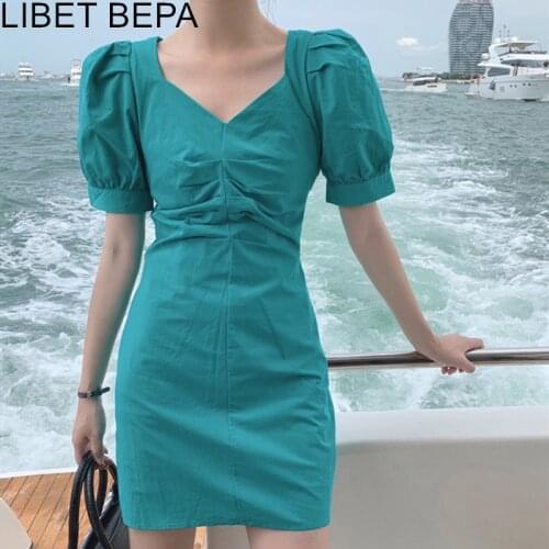2021 New Women Summer Dresses High Waist V-Neck Backless Cutout Vintage Korean Style Ruched Sweet Elegant Lady Mini Dress DR6580
