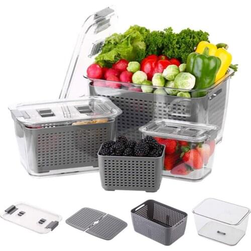 New Kitchen Storage Box Refrigerator Keep Fresh Box Vegetable Fruit Drain Multifunctional Plastic Basket Container With Lip
