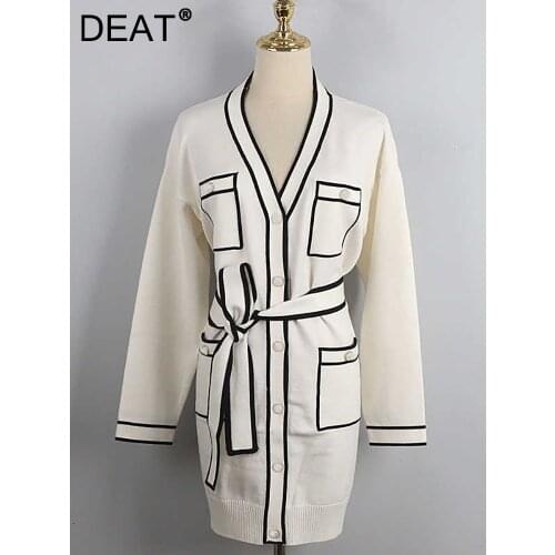 DEAT 2021 New Autumn And Winter Fashion Casual V-neck full sleeves contrast colors waist belt pocket single breasted cardigan