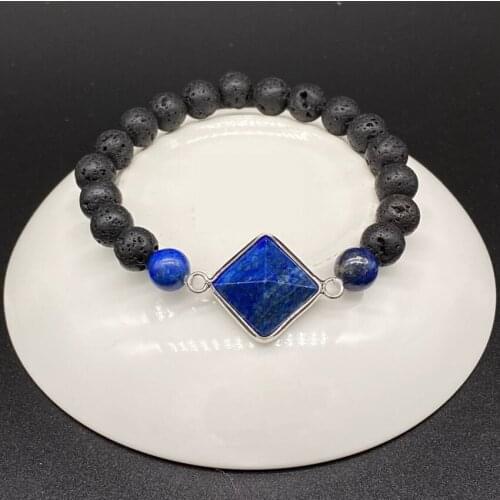 Silver Plated Lapis Lazuli Pyramid Connect Black Lava Stone Elastic Bracelet Rose Pink Quartz Jewelry