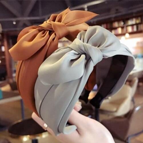 Solid Smaller Bow Knotted Center Wide Headband for Women Hair Accessories Silk Satin Bowknot Hairband Adults Face Wash Head Band