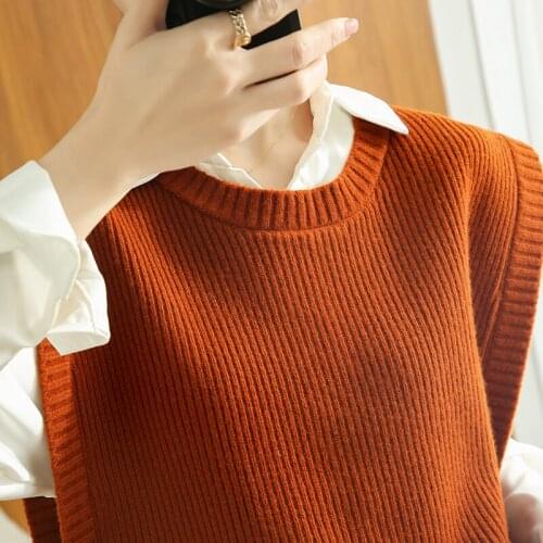 New O-Neck Girls Pullover 100% Wool Sweater Autumn Winter Women Vest Sleeveless Female Fashion Warm Casual Oversize Jumper